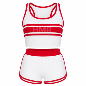 Conjunto Deportivo de 2 Piezas a Rayas Rojas y Blancas de la Hermandad HMR, Top Corto sin Mangas y Pantalones Cortos Deportivos de Punto para Primavera - Product Image 5