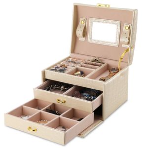 Boîte à bijoux de voyage verrouillable à 3 niveaux en cuir PU avec miroir, étui de rangement et de présentation, boîte de protection pour bijoux - Product Image 1