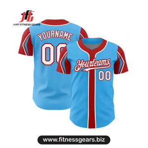 JUST FITNESS GEARS Maillot de baseball personnalisé bleu et rouge à manches courtes unisexe adulte imprimé par sublimation avec nom d'équipe en polyester respirant - Product Image 1