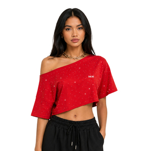 Camiseta de mujer extragrande con pedrería personalizable, top corto con hombros descubiertos, camiseta de algodón asimétrica para mujer - Product Image 1