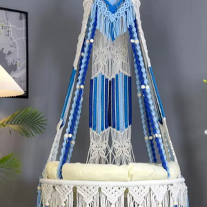 Silla Colgante de Macramé, Hamaca con Detalles Azules - Product Image 1
