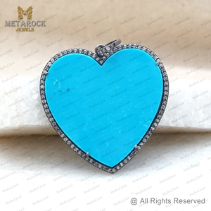 Natural Diamond Turquoise Gemstone Heart Shape Pendant <b>Oxidized</b> 925 Silver Fine Jewelry Wholesale, Pendant For Gift - Product Image 4