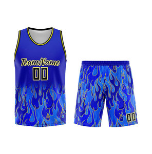 Custom Sublimated Basketball Uniform Blue Flame Design Moisture Wicking Mesh Jersey Shorts Unisex Adult Teamwear - Product Image 1