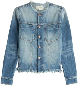 <b>Cropped</b> <b>Denim</b> <b>Jacket</b> Women Light Wash Button Front Pockets Long Sleeve Casual Autumn Style Distressed Finish - Product Image 3
