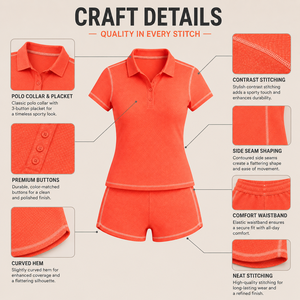 Women's <b>Orange</b> <b>Polo</b> 2 Piece Set Short Sleeve Knitted Sport Casual Breathable Slim Fit Above Knee Shorts Outfit - Product Image 5