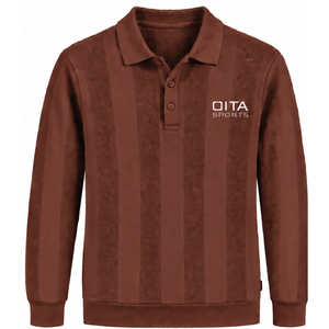 Chocolate <b>Brown</b> Mens <b>Long</b> <b>Sleeve</b> Knit Polo Shirt Textured Vertical Stripe Design Ribbed Cuffs Smart Casual Premium Pullover <b>Top</b> - Product Image 1