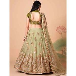 Stunning Pista <b>Green</b> Embroidered <b>Net</b> Plus Size Bridesmaid Lehenga Choli - Product Image 6