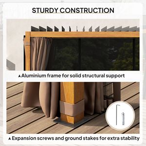 Pergola Retrattile da Esterno 3x4m con Tetto a Lamelle, Tende e Rete Parasole, Gazebo in Legno Naturale - Product Image 6