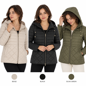 Women's Hooded Quilted Jacket Full Sleeve Zipper Closure Solid Color Winter Coat Lightweight Polyester Wadding - Product Image 6