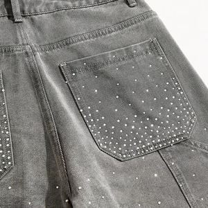 Pantalones Cortos de Mezclilla Holgados para Hombre al por Mayor, Estilo Urbano Casual, Diseño Completo con Pedrería, Desgastados, Personalizables, 100% Algodón Ecológico - Product Image 6