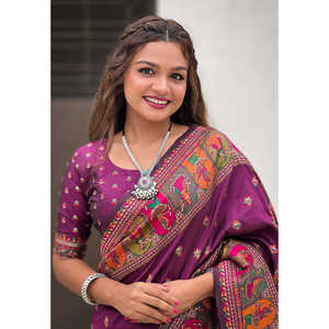 Evening Dresses Wine <b>Pashmina</b> Kashmiri Silk Zari Woven Saree - Product Image 1