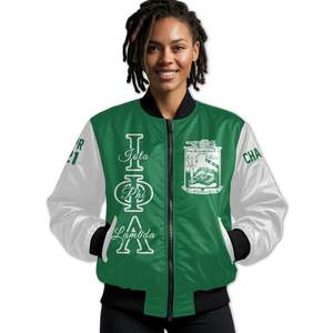 Veste Bomber Personnalisée pour Femme Iota Phi Lambda, Vert Émeraude et Blanc, avec Écusson Lettres Grecques sur le Devant et le Dos, Numéro d'Année, Fermeture Éclair - Product Image 1