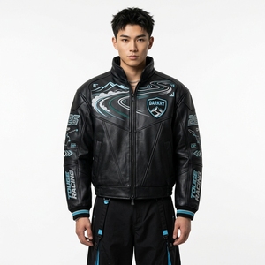 Black Touge Racing Leather <b>Jacket</b> <b>Men</b> Motorsport Mountain Embroidery Full Grain Motorbike <b>Track</b> Uniform Zip Up Outerwear - Product Image 1