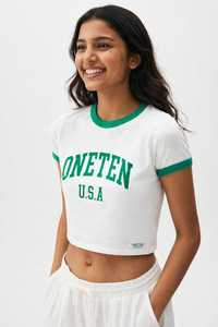 Women's <b>White</b> <b>Crop</b> <b>T</b>-<b>Shirt</b> Green Ringer Crew Neck Short Sleeve Casual 100% Cotton Breathable Summer Top - Product Image 5
