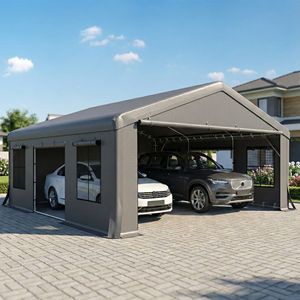 20FT X 20FT Heavy Duty Dark Gray Carport Portable Garage <b>Canopy</b> <b>Tent</b> with 3 Roll-up Doors 4 Windows Simple Style for Park Use - Product Image 2