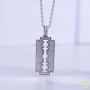 Designer Razor Blade Pendant <b>Necklace</b> With Moissanite Diamonds <b>Solid</b> <b>Silver</b> Iced Out Streetwear Jewelry Style - Product Image 1