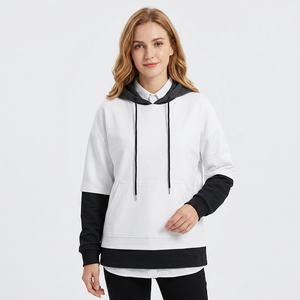 <b>Men's</b> <b>White</b> Hooded <b>Sweatshirt</b> With Black Sleeve And Hem Casual Knitted Pullover Regular Fit Solid Color Autumn Wear - Product Image 2