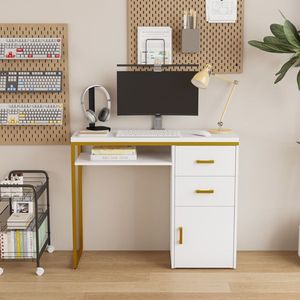 Scrivania per Computer 97*35*78cm in Truciolato Bianco e Tubi in Ferro con 2 Cassetti e 1 Anta, Versatile per Molteplici Scenari - Product Image 1