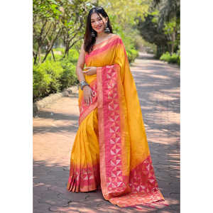 Sari Elegante de Seda Amarilla con Bordado Floral Étnico de ELITE WEAVES para Mujer, Ideal para Bodas/Fiestas de Invierno/Verano - Product Image 3