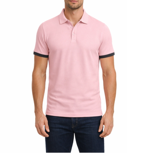 Polo décontracté pour homme rose et gris foncé à manches courtes, coupe ajustée, avec bordure contrastante grise aux poignets, très demandé - Product Image 1