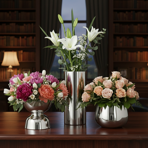 Ensemble de 3 vases rectangulaires de luxe en aluminium poli miroir, écologiques, modernes, géométriques, argentés, haut de gamme - Product Image 2