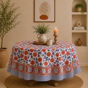 Nappe ronde en coton à motifs floraux vintage, faite à la main, pour dîner, fête ou mariage - Product Image 1
