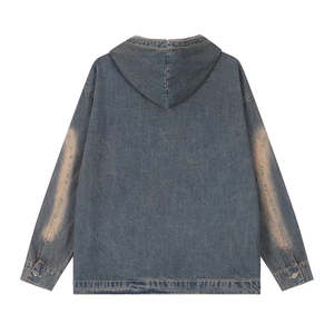 Veste en jean délavé pour homme avec capuche à motif de dessin animé, fermeture éclair quart de tour, 100 % coton, vêtement d'extérieur décontracté pour l'automne. - Product Image 2