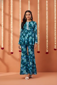 Ensemble femme en georgette bleu floral, kurta à manches longues, sharara imprimé, tenue ethnique, vêtements de fête - Product Image 5