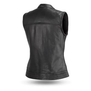 Gilets pour femmes en cuir véritable, écologiques, couleur personnalisée, respirants, col en V, style moto et motard, fermeture à boutons pression - Product Image 5