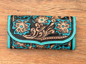 Cowgirl moda mano Tooled cuero turquesa flor cartera alta calidad cuero genuino mujeres tarjeta de crédito y teléfono mujer cartera - Product Image 2