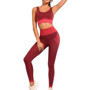 <b>Red</b> Two Piece Yoga Set High Waist Leggings <b>Crop</b> <b>Top</b> Seamless Spandex Polyester Workout Gym Wear Full Length Racerback Scoop Neck - Product Image 1