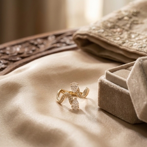 Anillo Étnico Ondulado de Oro Amarillo de 10k, 14k, 18k con Baño de Oro y Dos Diamantes de Laboratorio Brillantes con Corte Pera Engastados en Pavé - Product Image 4