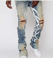 Jean en denim vintage personnalisé, coupe slim haute, déchiré, imprimé, automne-hiver, pour homme, pantalon évasé, vente en gros, léger, formel