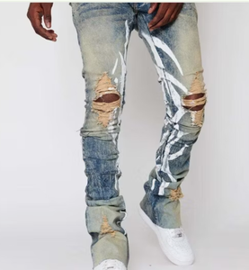 Pantalones Vaqueros Apilados Vintage Personalizados al por Mayor, Jeans Apilados Rasgados con Estampados de Corte Ajustado para Hombre, Jeans Acampanados - Product Image 4