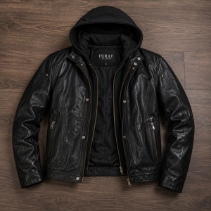 Veste de moto décontractée pour homme FURAT en cuir véritable noir, imperméable, respirante, col montant, fermeture éclair, coupe classique, style hiver - Product Image 1