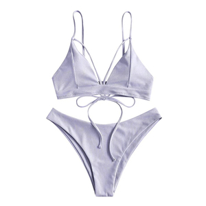 Ensemble bikini côtelé deux pièces pour femme, haut dos croisé et bas string, couleur unie, maillot de bain extensible en Spandex et Polyester - Product Image 6
