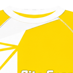 Maillot de compression athlétique personnalisé jaune et blanc à manches courtes, col ras du cou, motif géométrique, pour entraînement de performance et sports nautiques - Product Image 5