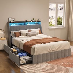 Letto matrimoniale grigio chiaro con LED e cassetti contenitore portatili, testiera con ali, letto imbottito - Product Image 2