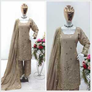 Conjunto de Fiesta Beige para Mujer de Diseñador WW, Talla M, Top Elegante, Pantalones Palazzo, Hermosa Dupatta - Product Image 4
