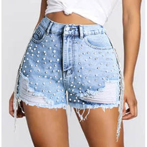 Shorts en jean taille haute pour femme, couleur unie, déchirés, à franges, pour l'été - Product Image 3