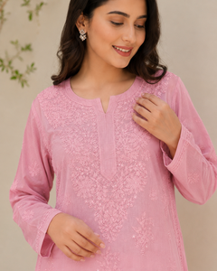 Kurta Recta de Algodón Rosa Bordada para Mujer, Ropa Étnica Elegante de Manga Larga, Compre Directamente del Proveedor - Product Image 3