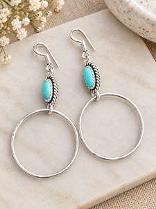 Pendientes Colgantes de Aro Circular de Plata de Ley 925 Hechos a Mano con Turquesa, Pendientes Colgantes Vintage con Gema Ovalada, Venta al por Mayor, Estilo Suroeste - Product Image 5