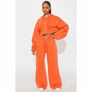 <b>Women's</b> Orange Hooded Cropped Hoodie Wide Leg Pants Tracksuit <b>Set</b> Printed Solid Acid Wash Distressed Ripped Casual Oversized - Product Image 5