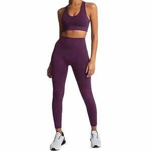 Ensemble de yoga pour femmes, haut court à dégradé de couleurs, leggings taille haute longueur intégrale, tenue de sport 2 pièces, extensible et sans coutures - Product Image 2