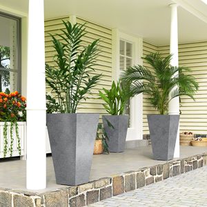 Ensemble de 3 jardinières coniques grises de 28 pouces de hauteur, pots à fleurs en plastique avec finition marbrée et trous de drainage, accessoires de jardin empilables - Product Image 2