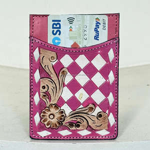Porte-cartes de crédit en cuir véritable façonné à la main avec motif à carreaux, portefeuille fin et élégant pour femmes, options multicolores - Product Image 4