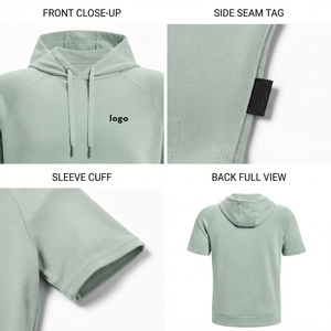 Hoodie à manches courtes pour homme, style personnalisé, fabriqué avec un tissu doux et respirant, conçu pour un port décontracté et relaxant, en coton mélangé. - Product Image 3