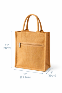 Eco Friendly Jute Tote <b>Bag</b> with Rope Handle Front Zipper Pocket <b>Reusable</b> Shopping Handbag and Steel Puller - Product Image 3