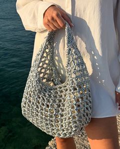 Sac fourre-tout en coton fait main au crochet avec rayures bleues, style bohème, forme irrégulière, décoration intérieure - Product Image 6