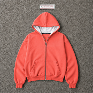 Sweat à capuche entièrement zippé rouge corail en molleton de coton épais de qualité supérieure, coupe oversize, style streetwear, unisexe, vierge, pour l'automne - Product Image 5